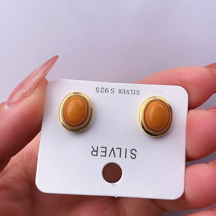 蜜蜡耳饰银S925镶嵌耳饰