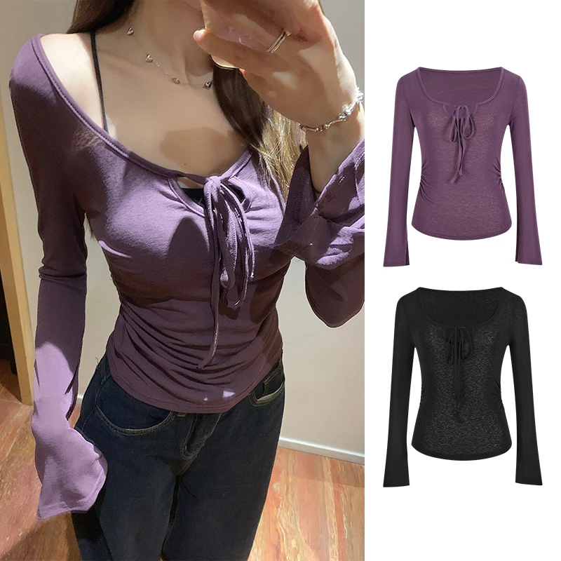 Moses Queen/魔西女王纯欲紫系带长袖打底收腰褶皱短款喇叭袖上衣