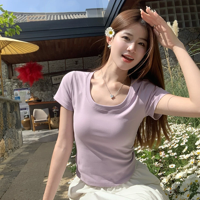 紫色短袖t恤女夏季2025年新款多巴胺穿搭U领短款正肩上衣修身辣妹