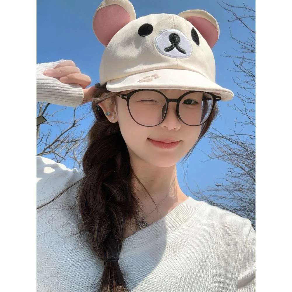 萌物定制米白色轻松熊熊妹可爱鸭舌帽女生卡通翻檐棒球帽百搭ins