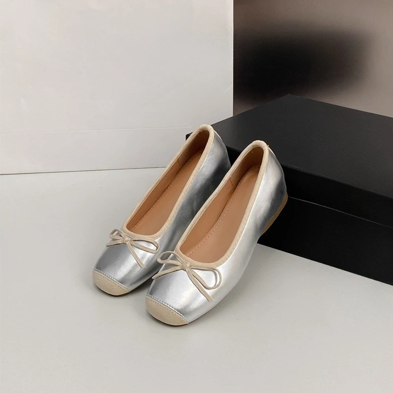 UHCK小个子内增高方头银色单鞋蝴蝶结玛丽珍鞋子女芭蕾舞鞋女外穿