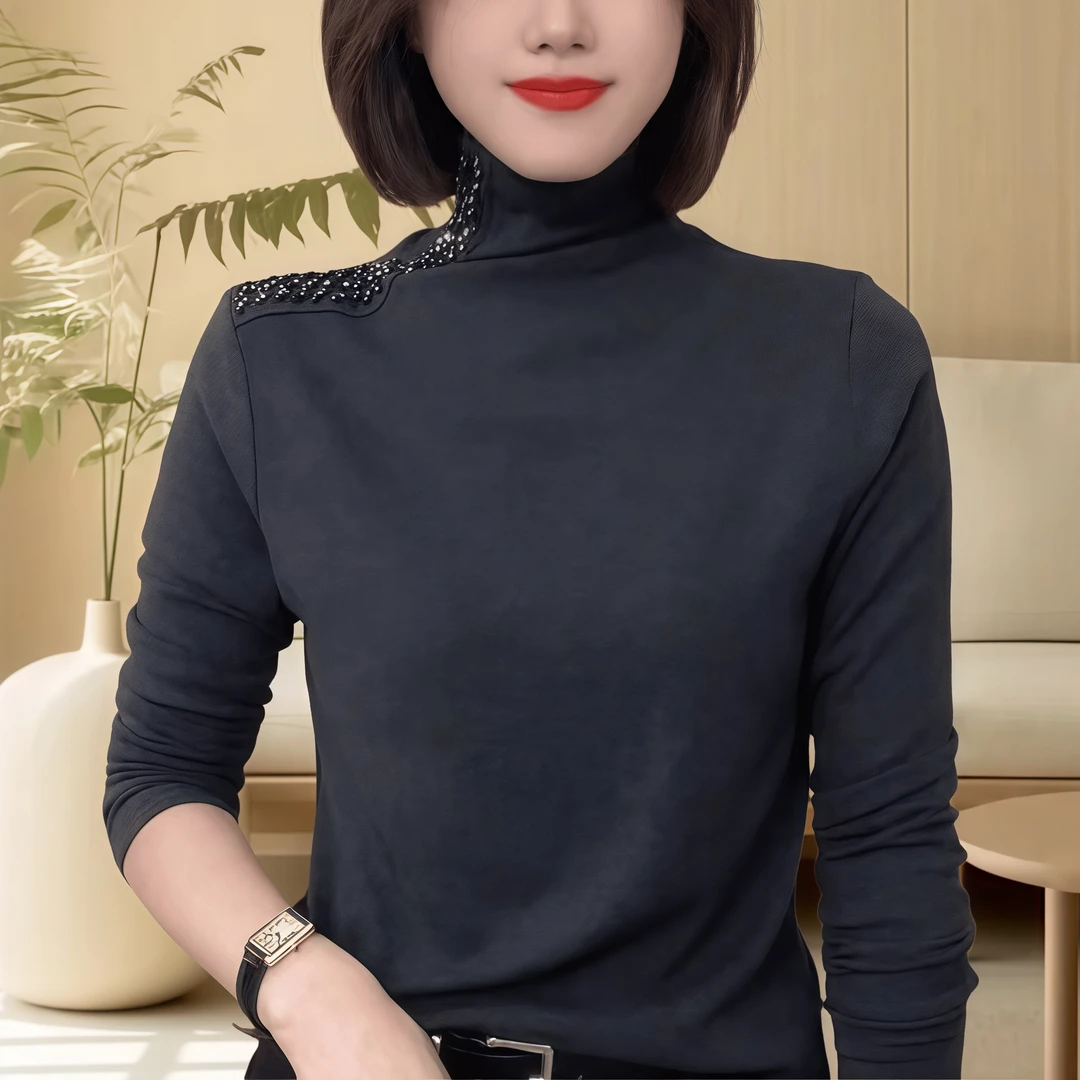 德绒半高领肩膀烫钻内搭打底衫女2025秋冬纯色显瘦长袖上衣6684#