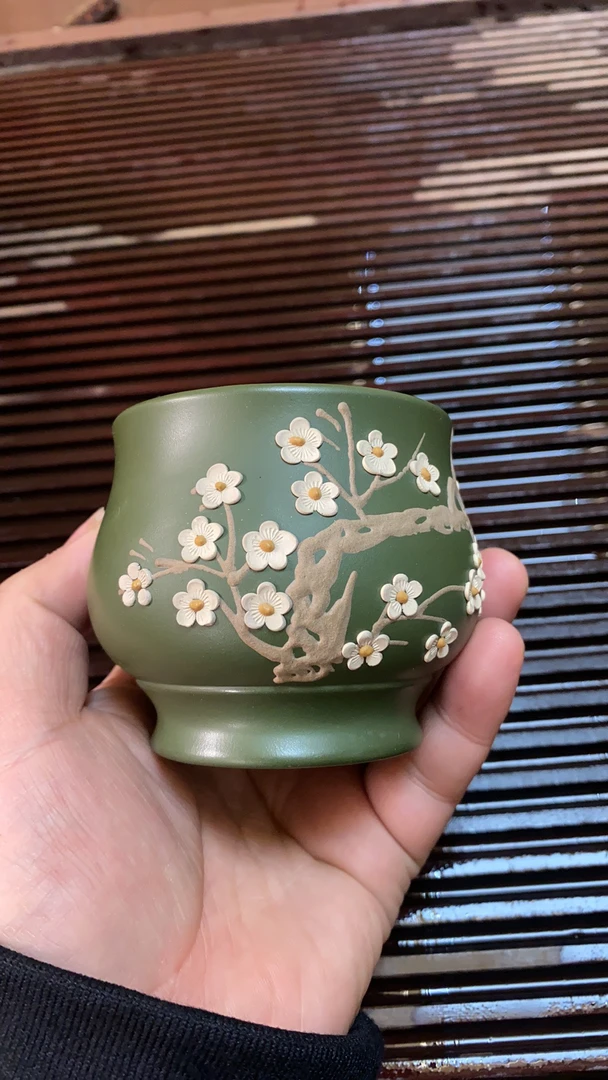 宜兴紫砂杯全手工泥绘过墙梅花主人杯大肚将军杯家用品茗杯180c