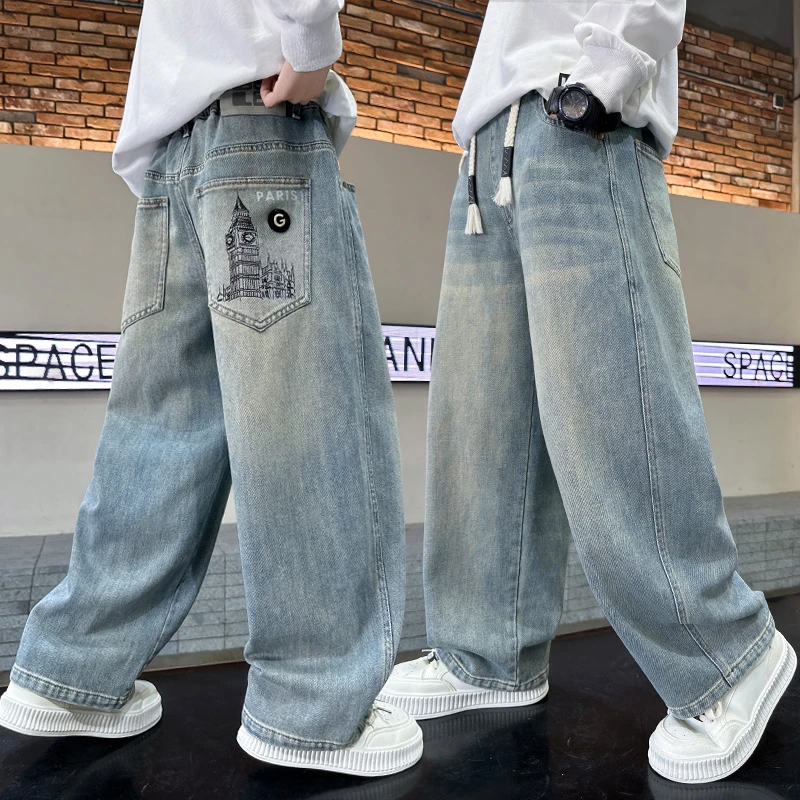 男童蓝色牛仔裤春款潮帅气时髦2025新款小学生男孩裤子儿童休闲裤