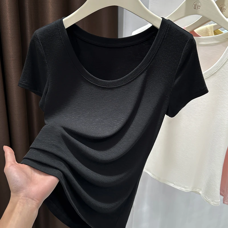 气质黑色圆领短袖T恤2025新款轻薄修身显瘦百搭弹力短款女装上衣