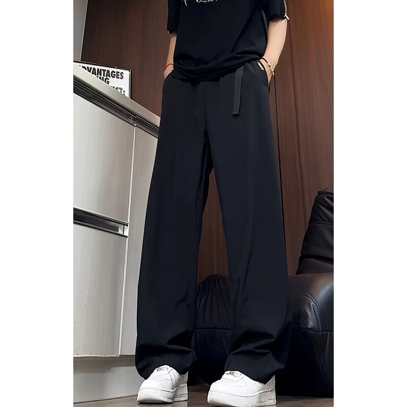 夏季透气卡扣腰带垂感冰丝裤男裤阔腿休闲裤纯色百搭大码宽松长裤