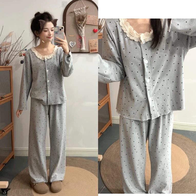 小个子秋季波点德绒韩系花边领睡衣套装809