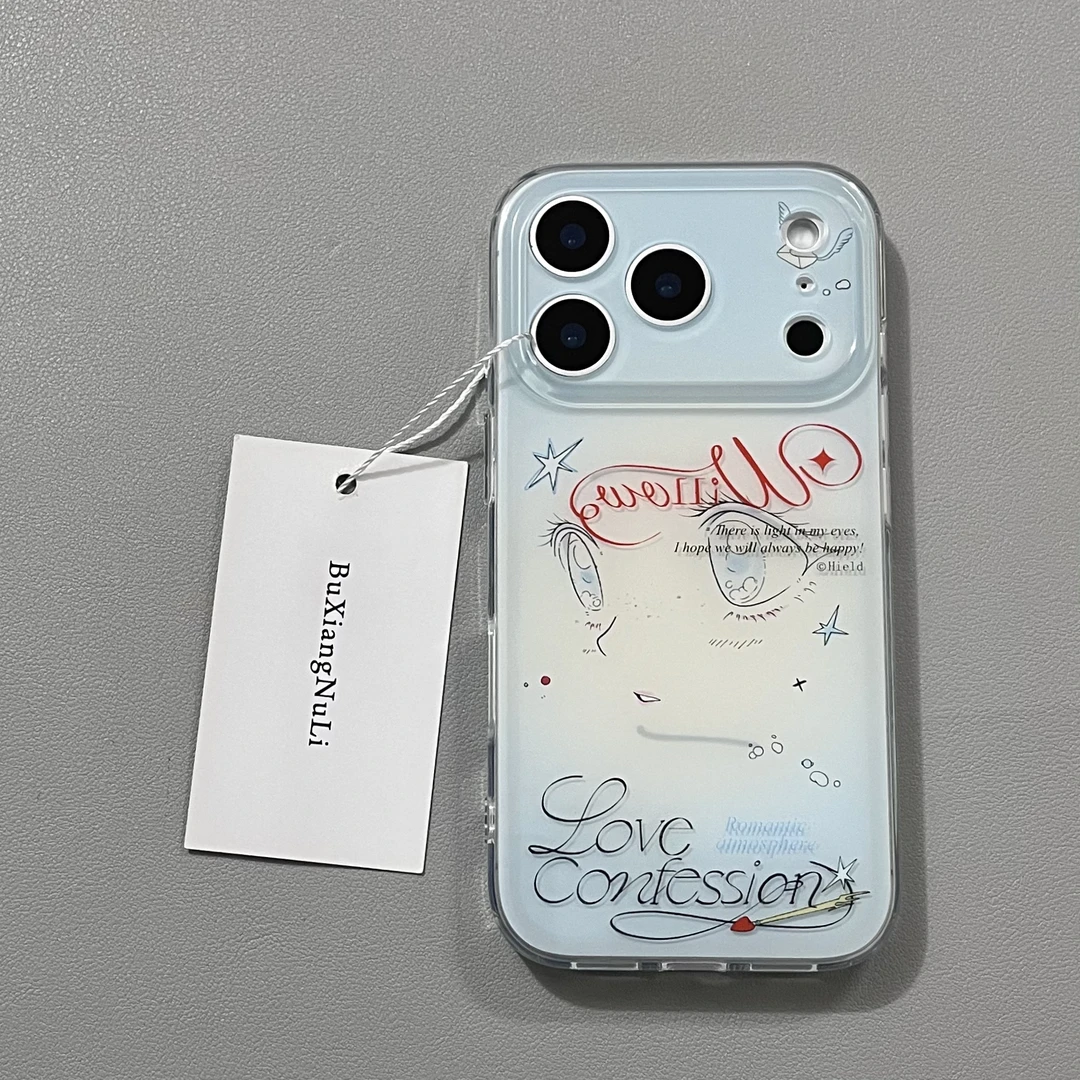 ins蓝色晕染英文少女眼睛适用苹果17pro手机壳iPhone16全包15/14