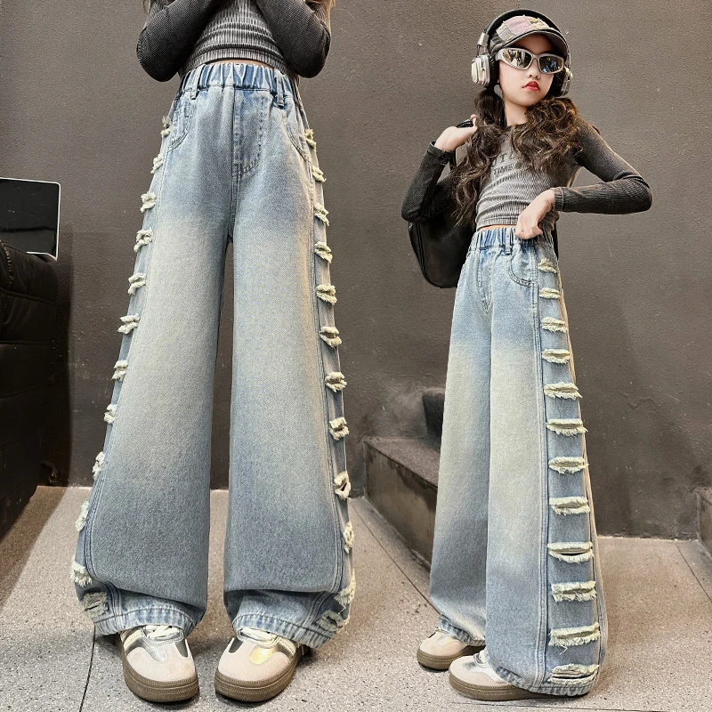 女童牛仔裤春秋装裤子时尚洋气儿童中大童直筒长裤春款破洞阔腿裤