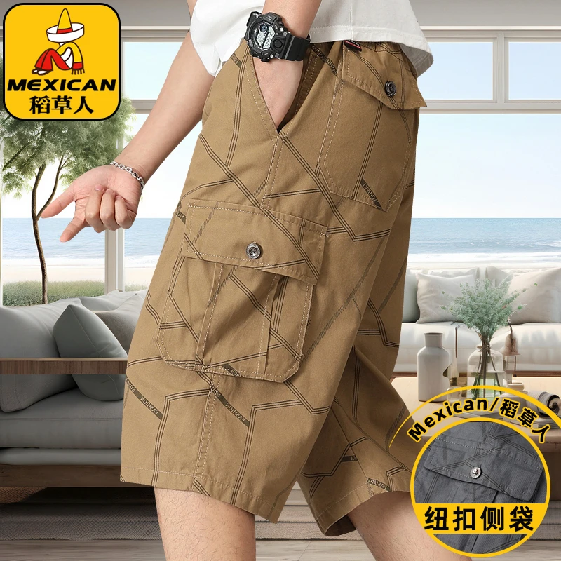 稻草人纯棉七分裤男士夏季薄款中裤xqR3时尚潮流休闲裤大码短裤子