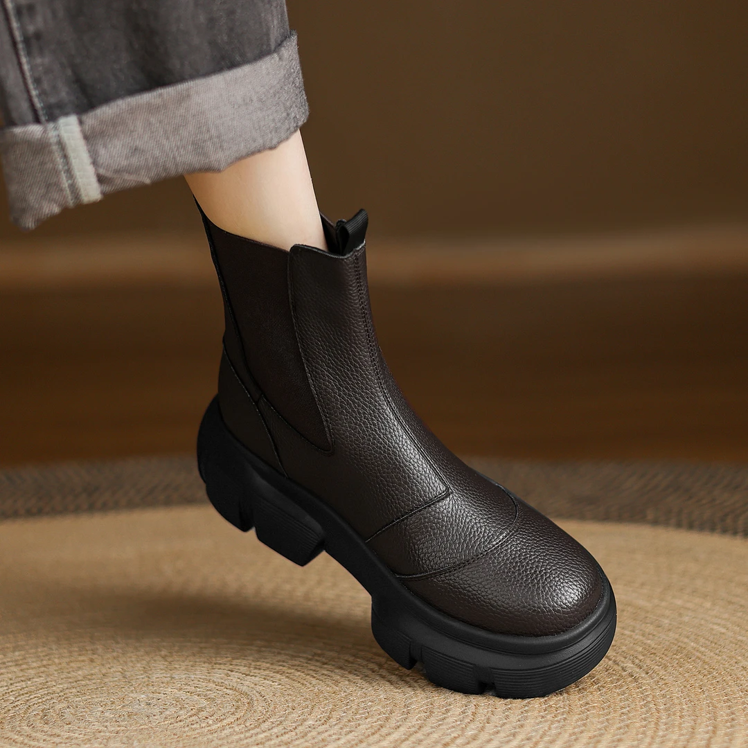7cm小个子久穿不累脚厚底马丁靴松紧口烟筒靴圆头粗跟短靴真皮靴