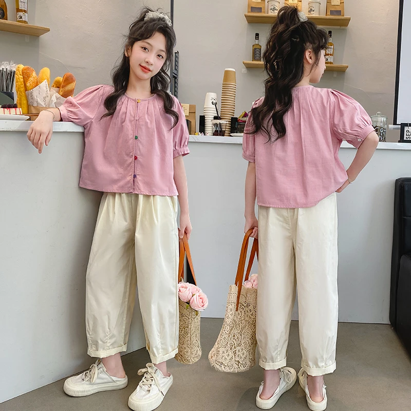 女童短袖套装夏装2025新款中大童洋气韩版娃娃衫休闲裤两件套薄款