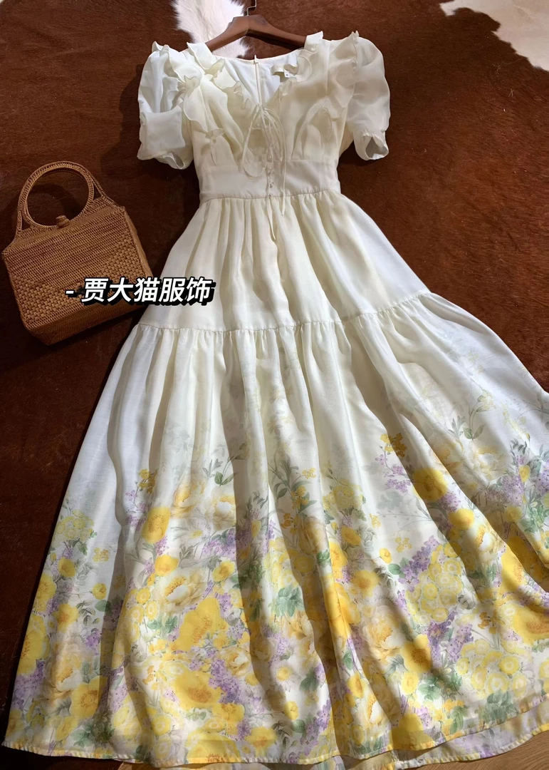清仓《仿苎麻定位印花》夏季法式定位花裙摆高定收腰连衣裙J114