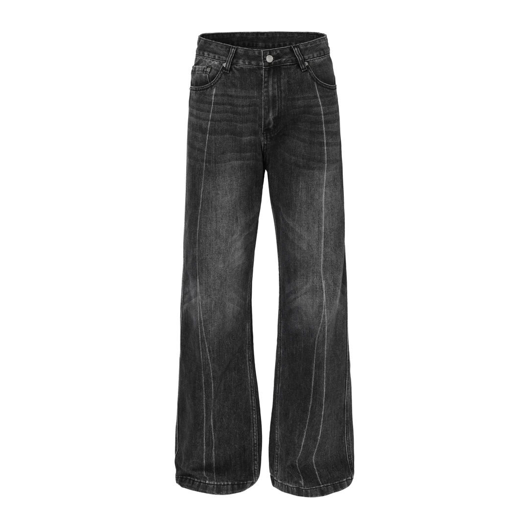 LJFTZ&秋冬新款美式复古黑灰直筒牛仔裤重工宽松微喇长裤显瘦百搭