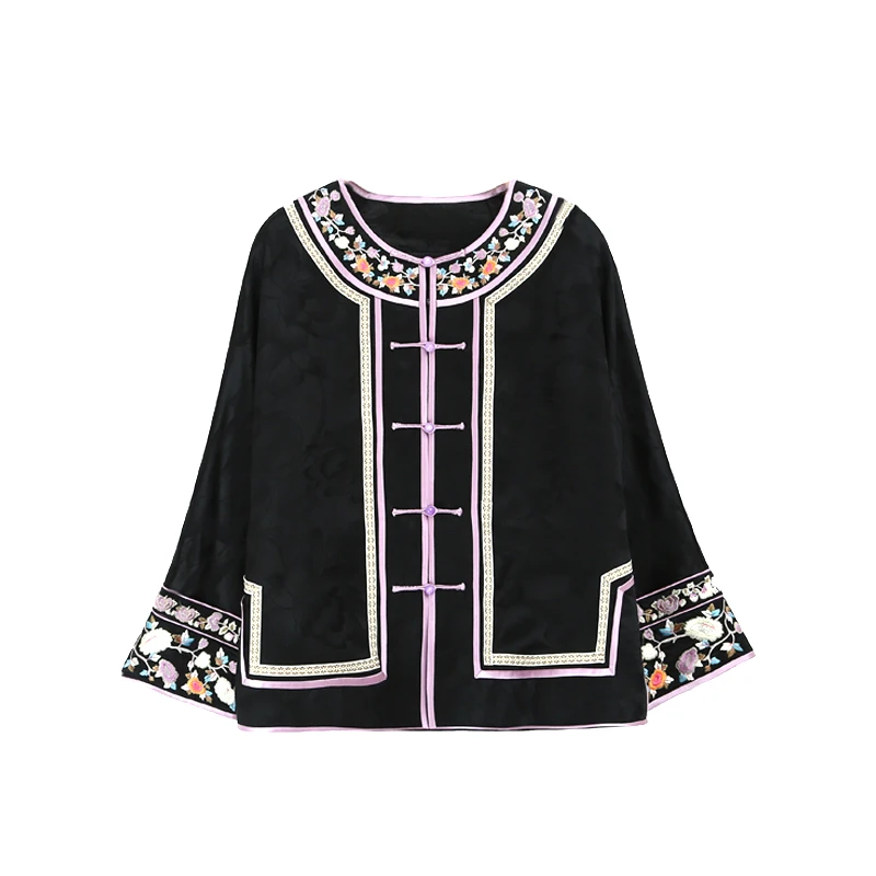 40姆米牡丹纹满桑重缎提花染色香云纱圆领对襟五福刺绣外套87012