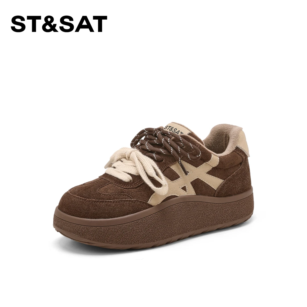 星期六拼色真皮经典德训鞋加绒女鞋休闲鞋百搭鞋子女款秋冬增高鞋