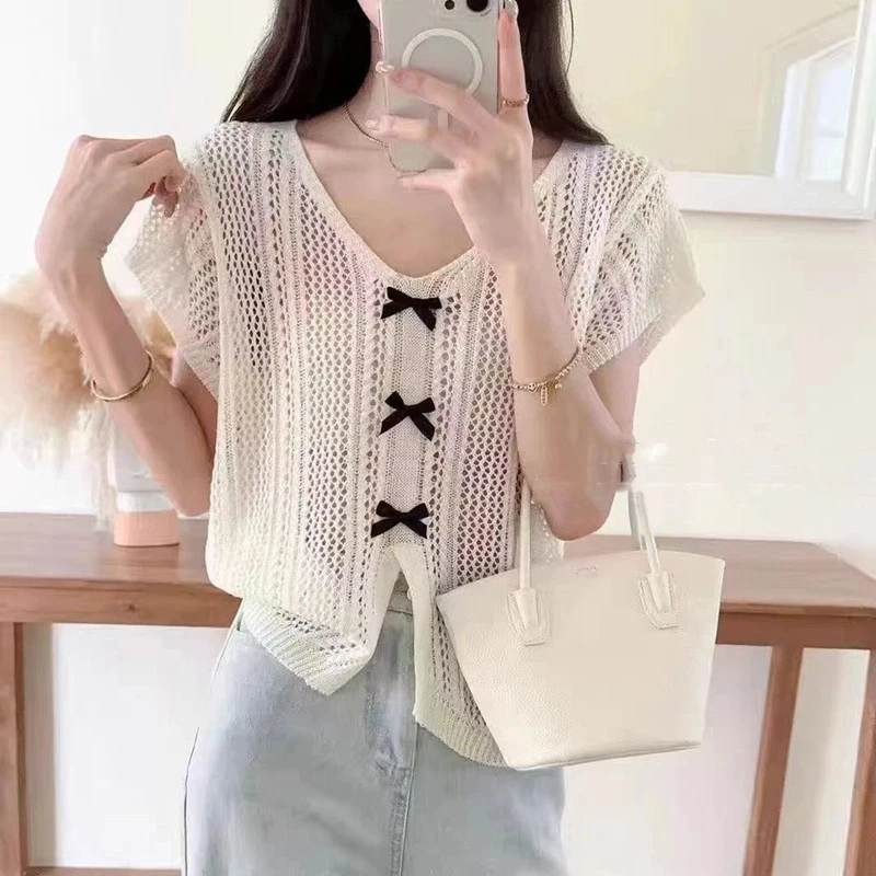 夏季新款针织镂空衫小众设计开叉体蝴蝶结系领套头短袖