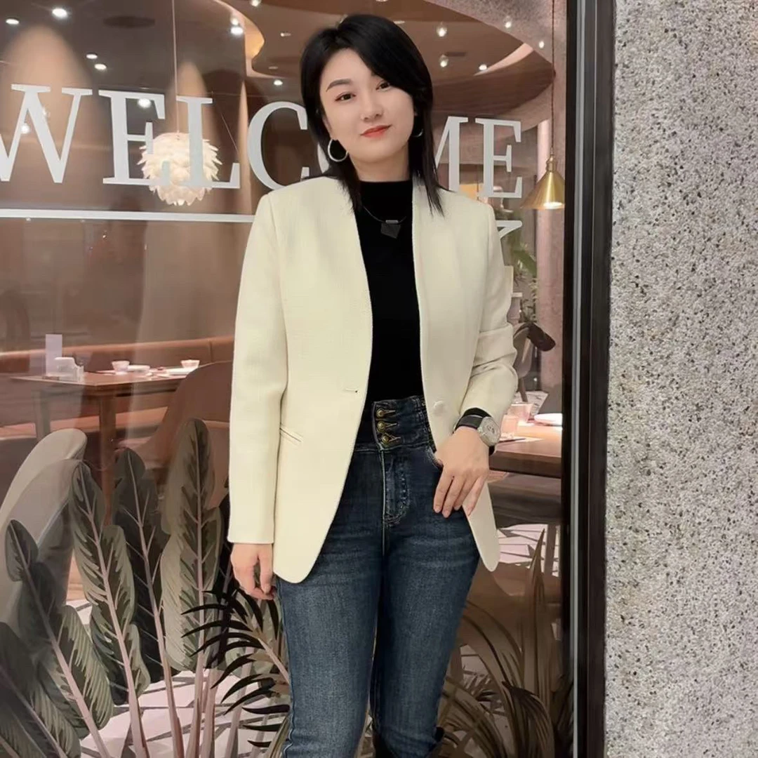 906新款秋冬无领加厚毛呢修身西服