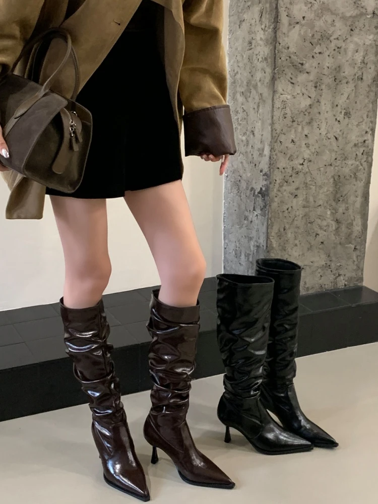 尖头欧美性感堆堆高跟靴子细跟显瘦褶皱长筒靴不过膝高筒骑士靴女