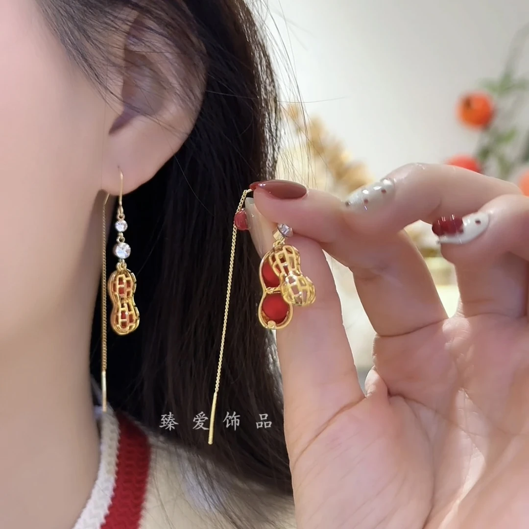 铜合金亚克力耳饰 复古百搭新款国风红色花生防丢耳线小众设计感