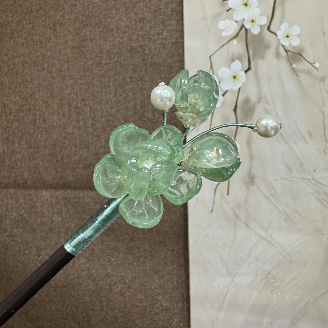 908琉璃木簪发饰汉服古风旗袍盘发头饰簪发花朵