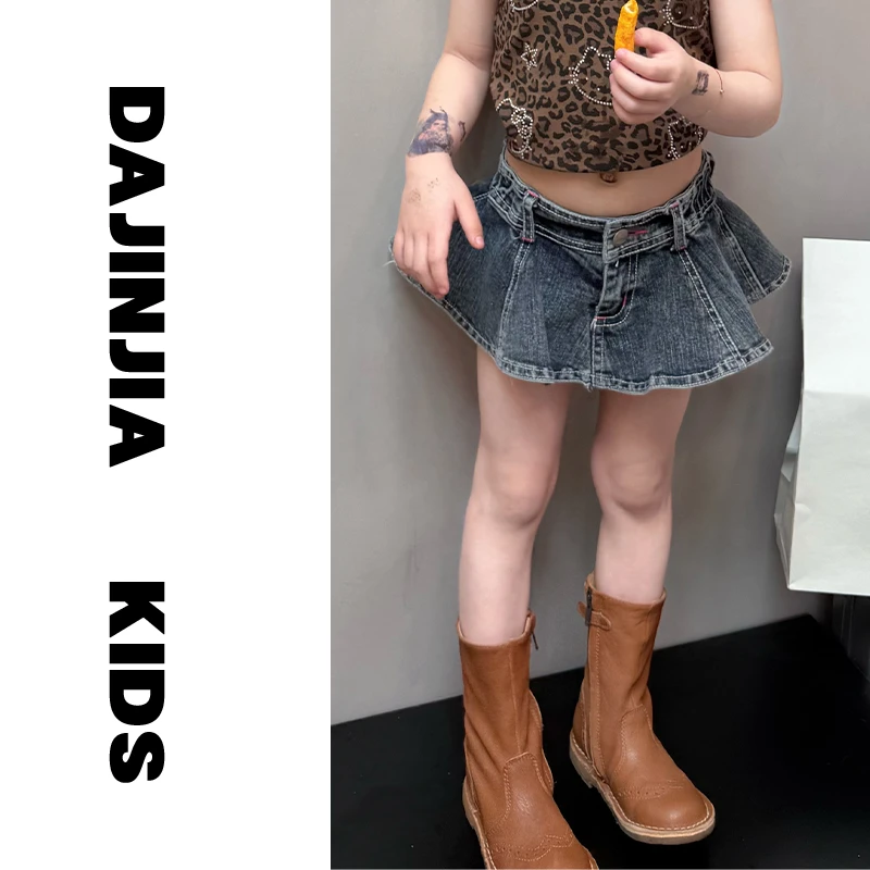 （清仓）【RN定制】25新款刺绣字母软牛仔水洗灰带底裤个性女童短裙