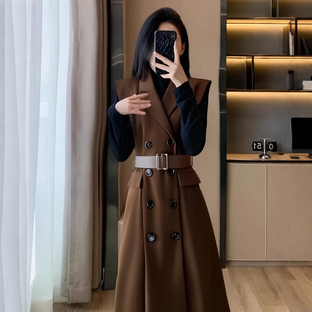 【两件套】2025秋季新款气质通勤高级感高双排扣西装马甲连衣裙2119