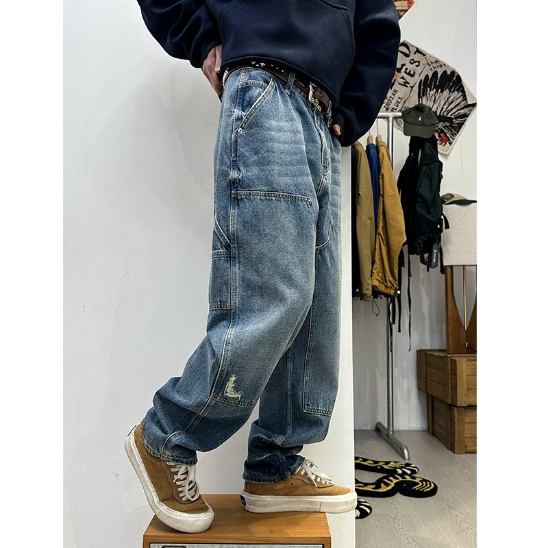 立体多折位裁剪伐木工装牛仔裤 男女潮牌哈伦直筒跨牛百搭长裤