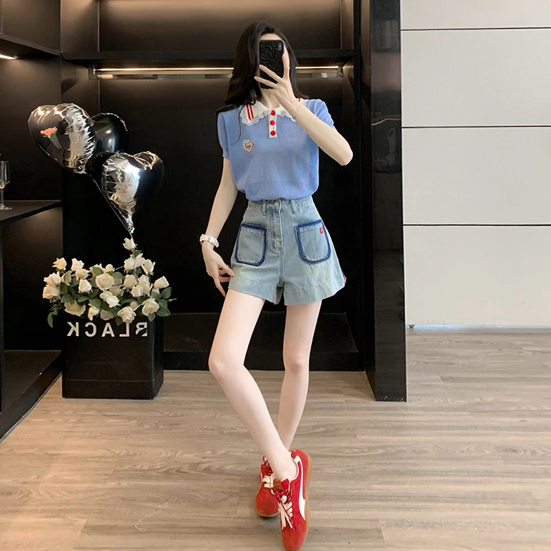 夏季新款韩版时尚休闲套装小个子洋气针织上衣牛仔短裤穿搭两件套