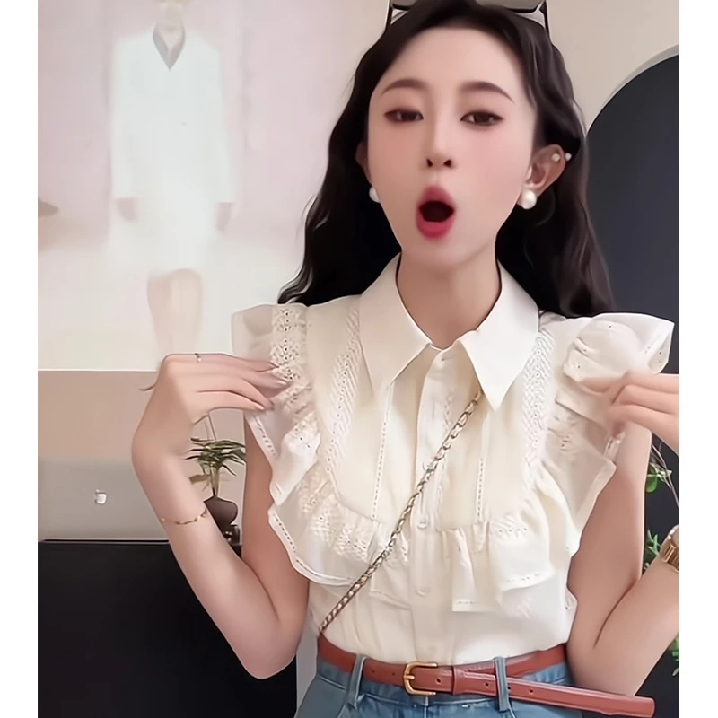 深圳南油高端女装2025夏季新款领高级感荷叶边小飞袖白色衬衫