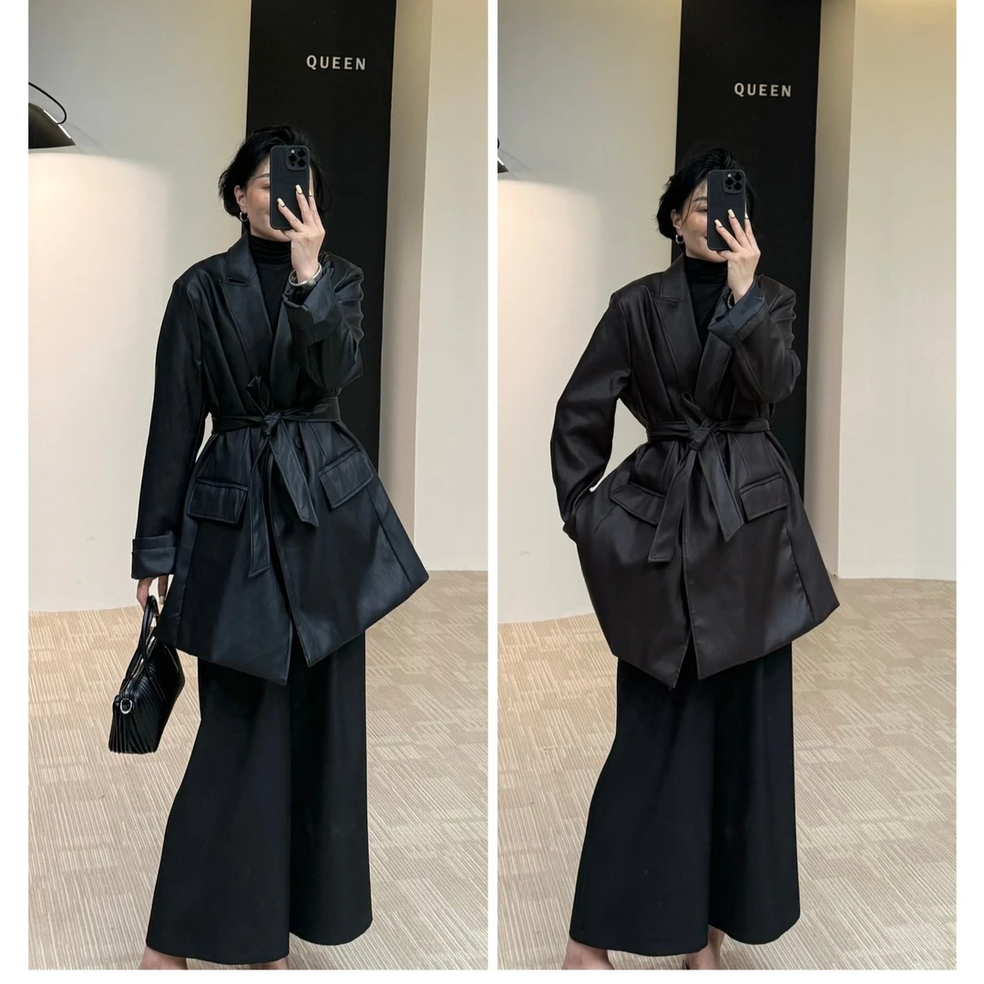 美丽怒推气质显瘦翻领腰带皮衣170斤以内（241003）