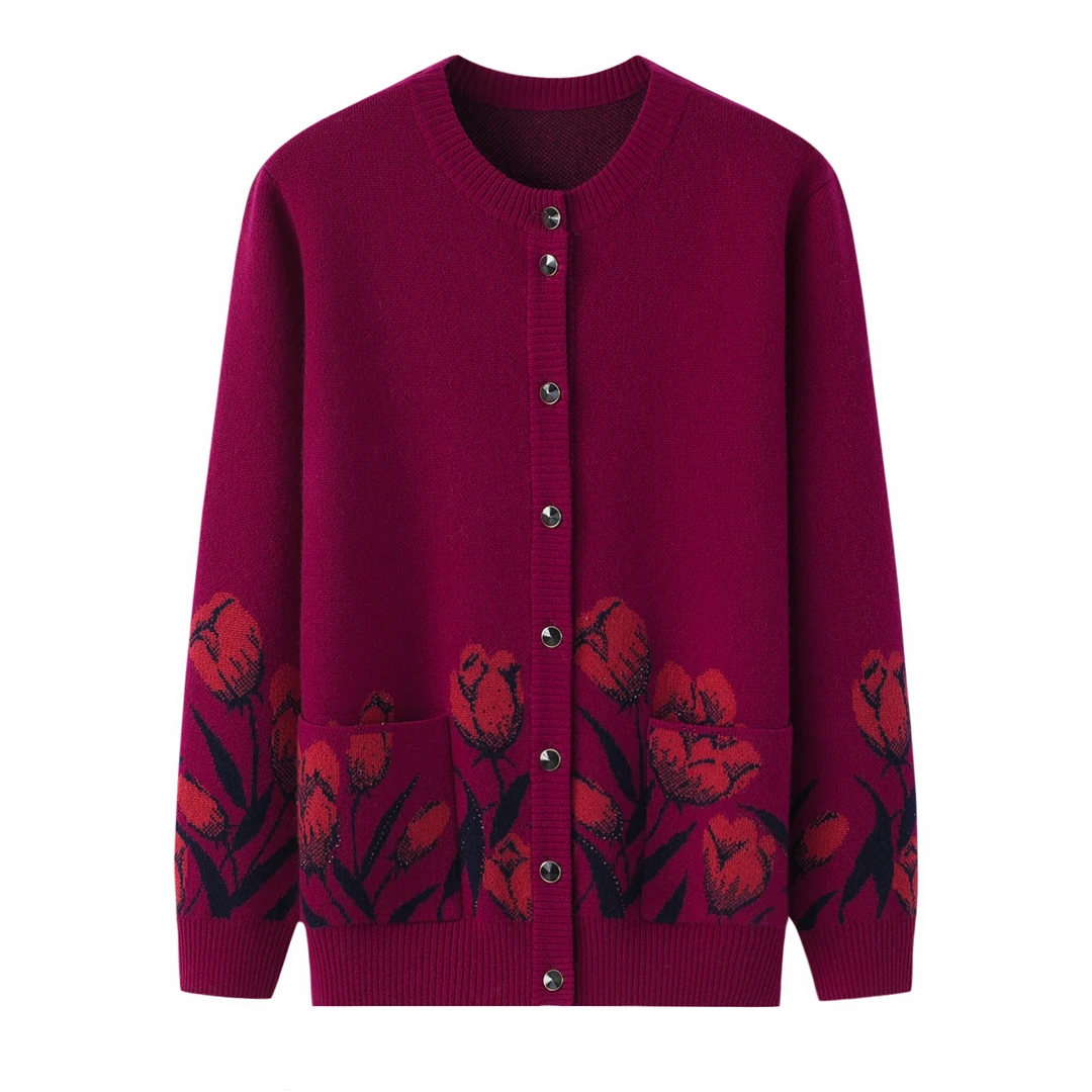 中老年女装2025新款加厚提花纯羊毛衫圆领烫钻开衫带兜加厚妈妈装