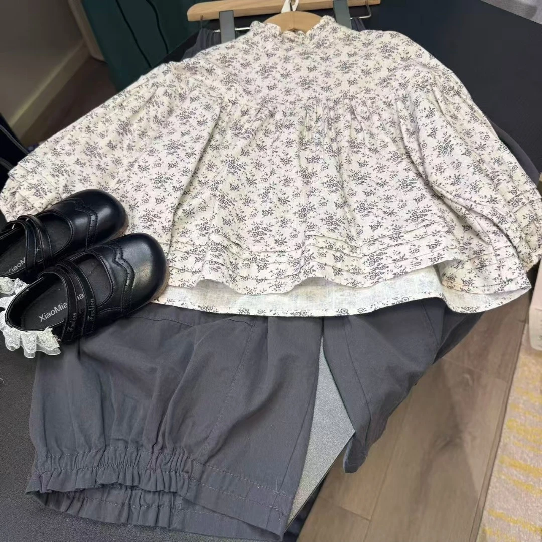 女童春秋款休闲韩版碎花衬衫娃娃衫长袖洋气套装