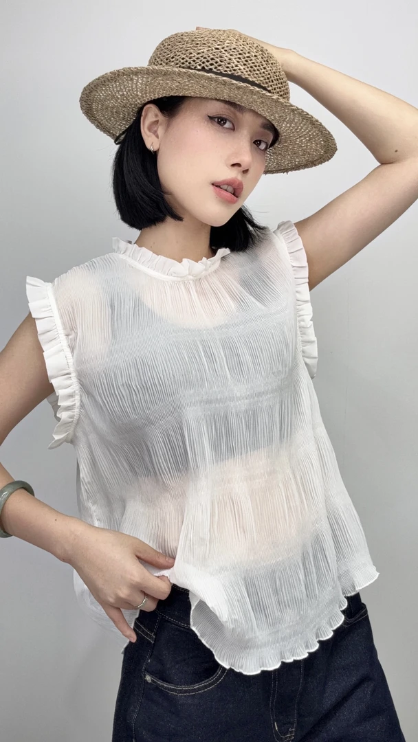 217#欧洲站2025夏季浪漫风微透感木耳边飞飞袖盐梭肌理感衬衫背心