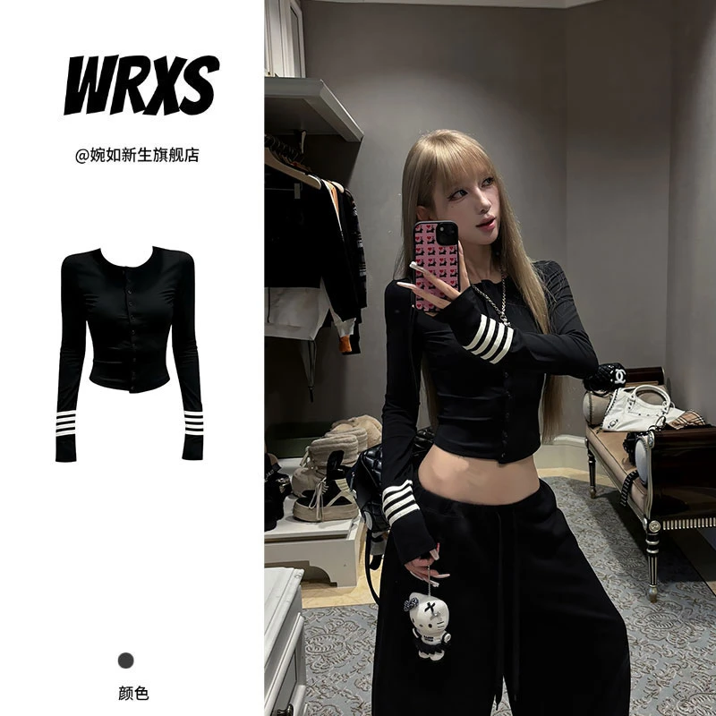 【婉如新生】美式复古黑色女秋冬穿搭百搭学院风修身显瘦辣妹条纹上