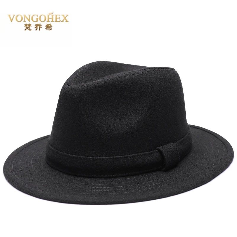 VONGOHEX男士羊毛呢帽子男秋冬保暖绅士毡礼帽大头围大帽檐爵士帽