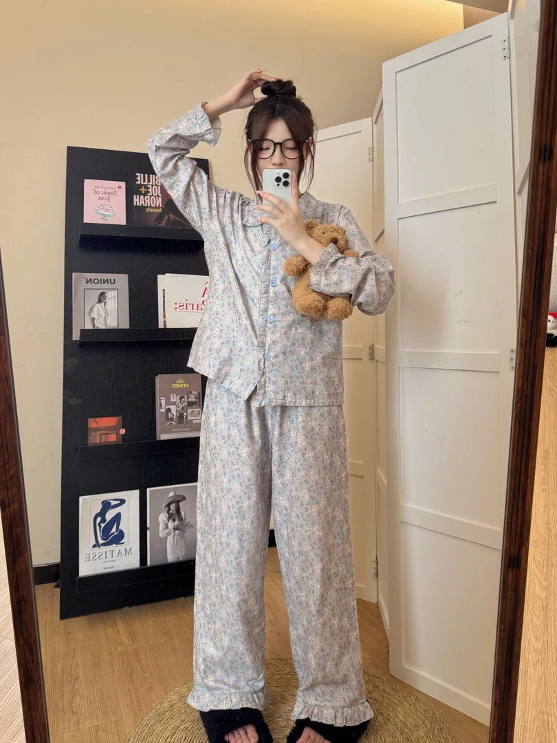 【DMXJ大梦想家】甜美可爱少女碎花睡衣女款夏季新款长裤家居服套装