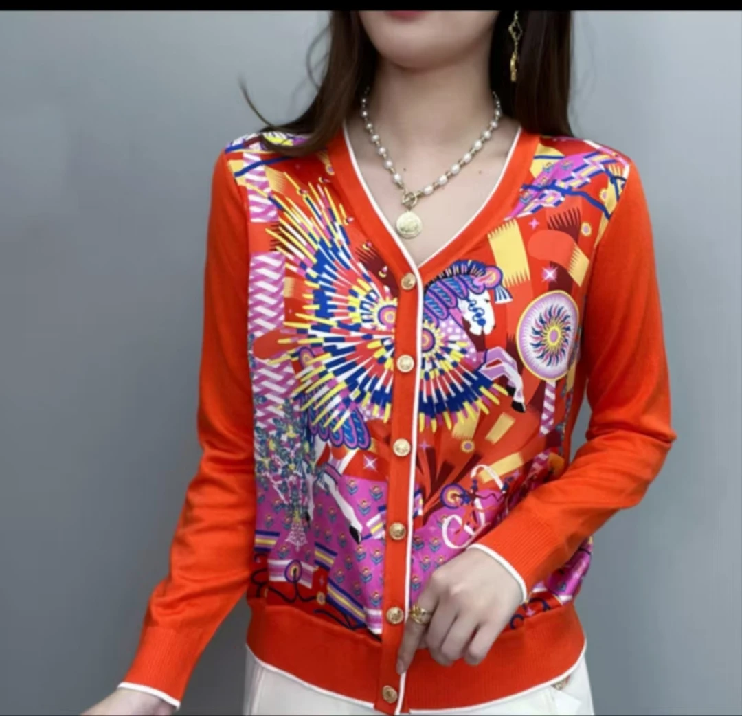 【989】春夏新品重奢桑蚕丝印花长袖时尚开衫气质V领通勤女上衣-108