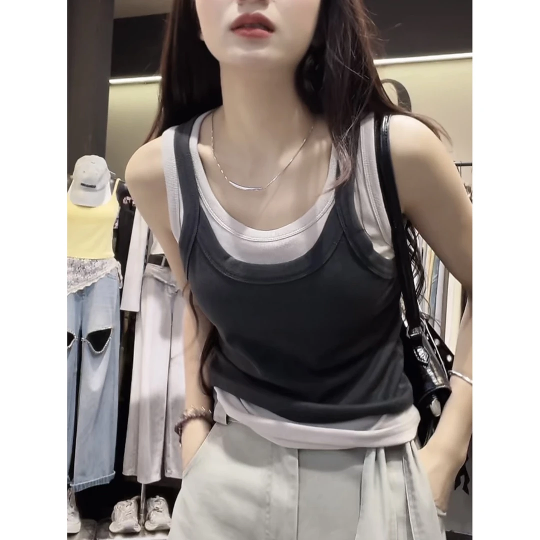 韩系设计感撞色拼接吊带夏季2025新款两件式辣妹修身显瘦背心上衣