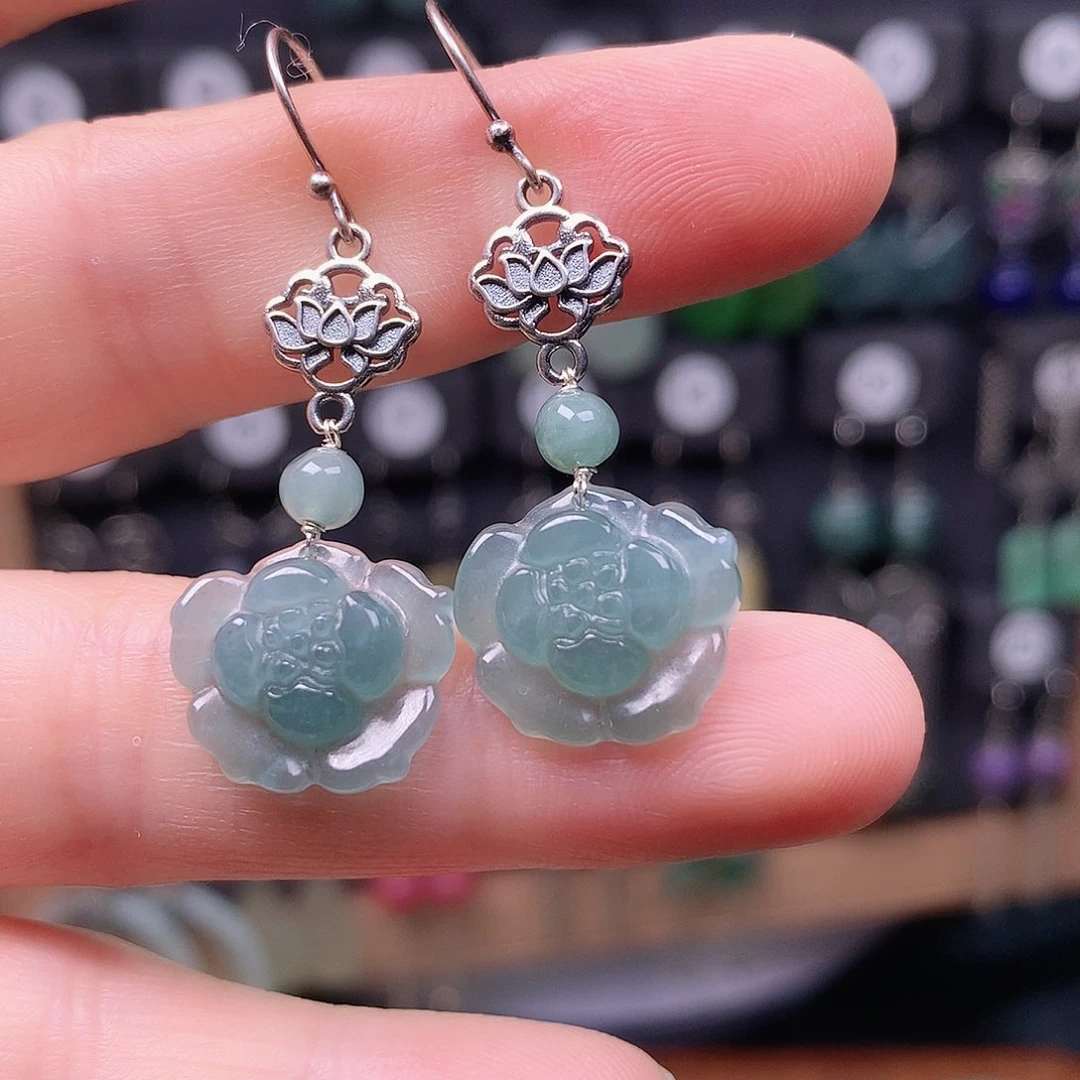 翡翠银S925镶嵌耳饰精美