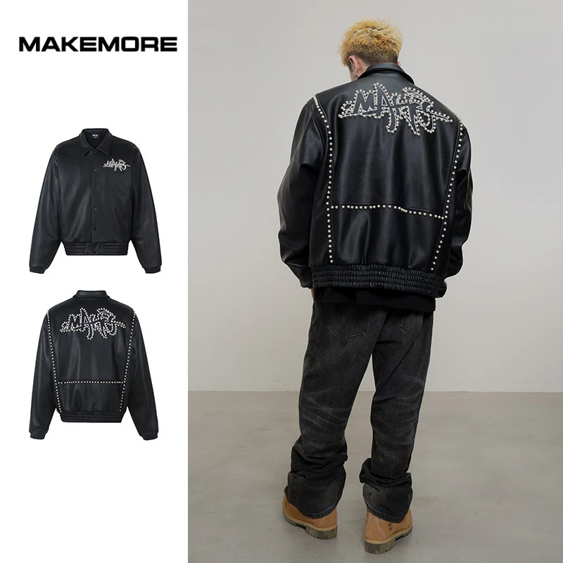 Makemore{珍珠PU皮}夹克新款加棉重磅刺绣复古翻领高级情侣外套潮