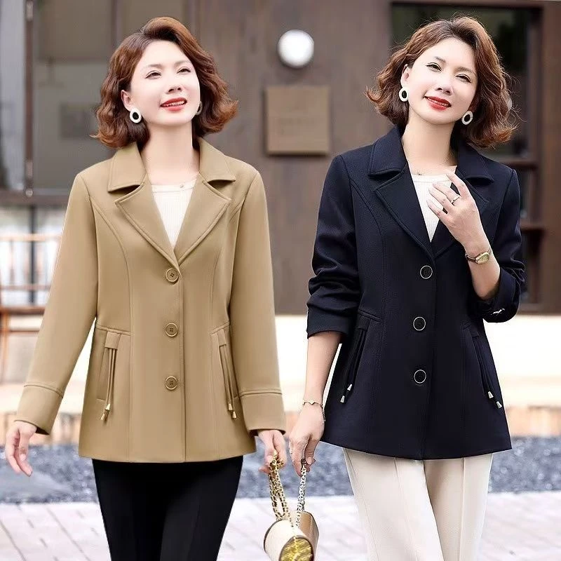 妈妈款风衣西装外套时尚洋气中老年时髦阔太太大衣春季纯色上衣