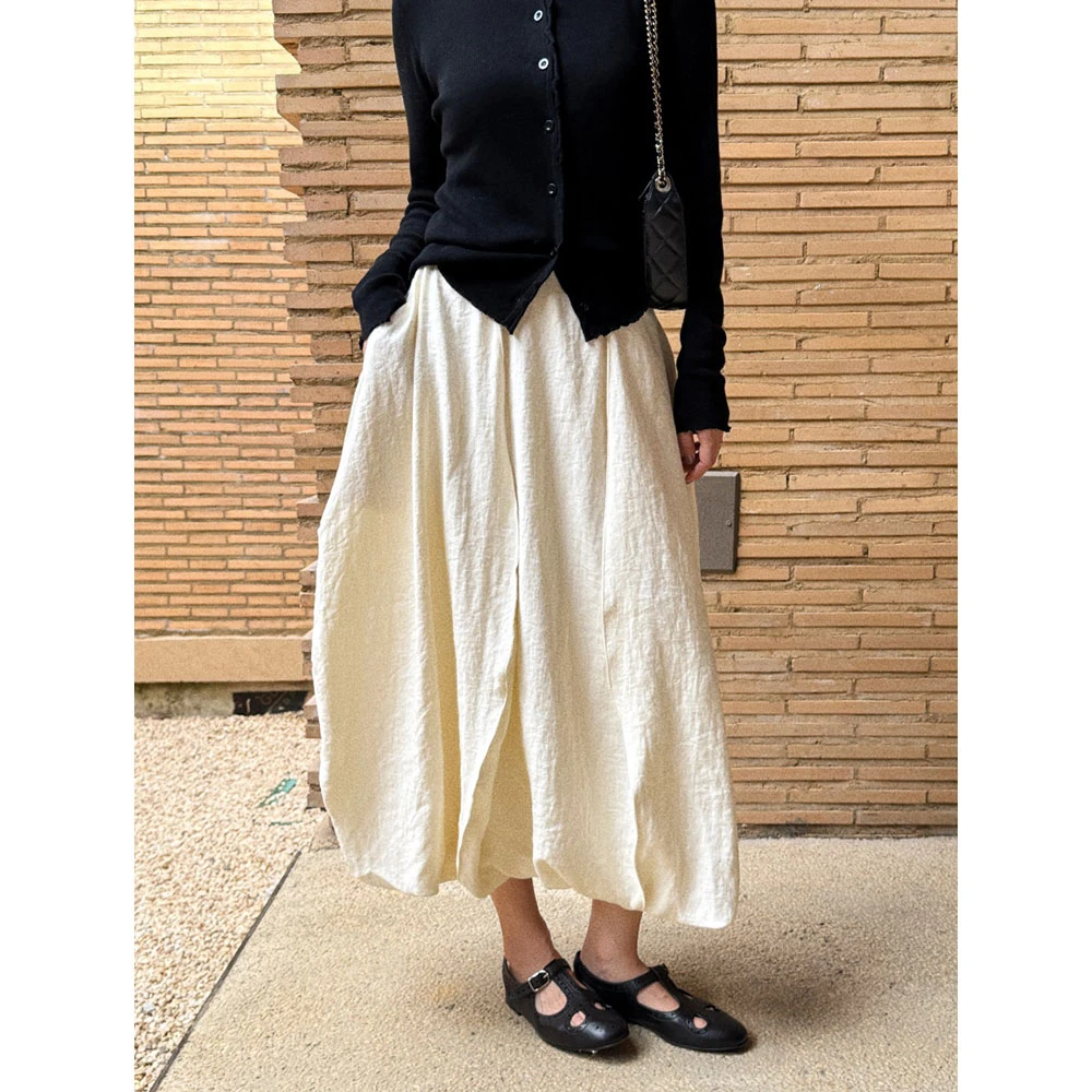 【MGDM】手工立裁！花苞雨露麻混纺显瘦拼接宽松老钱长款半身裙女