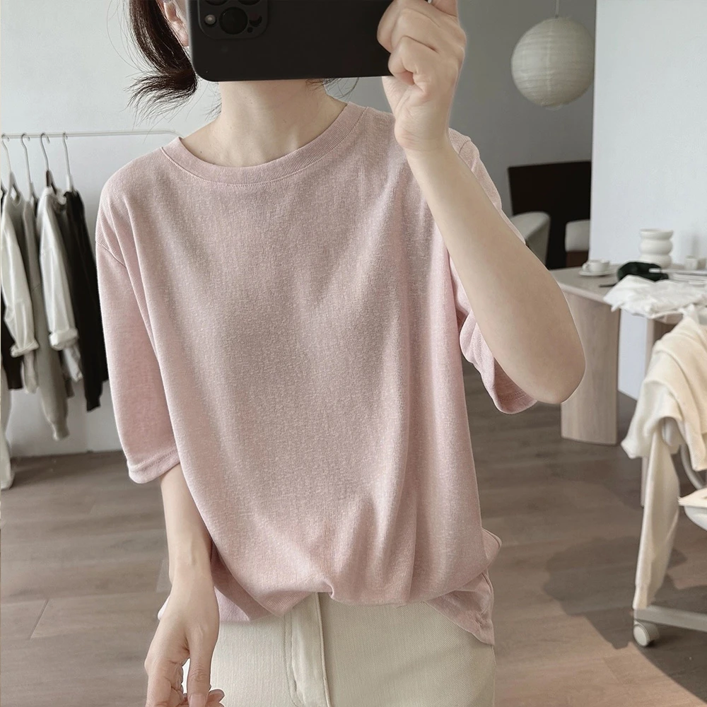 竹节棉女士夏季新款宽松圆领短袖T恤薄款减龄基础款打底显瘦上衣