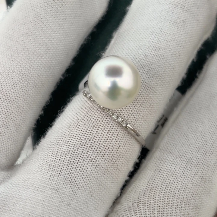 定制海水珍珠18K金镶嵌戒指/指环10-11mm澳白裸珠一颗