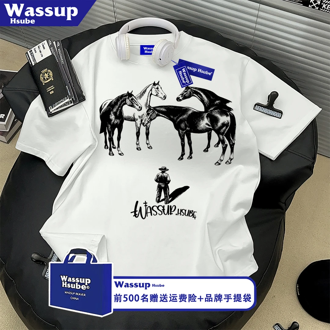 WASSUP HSUBE高级感创意驷马难追印花短袖T恤潮牌慵懒风男女半袖