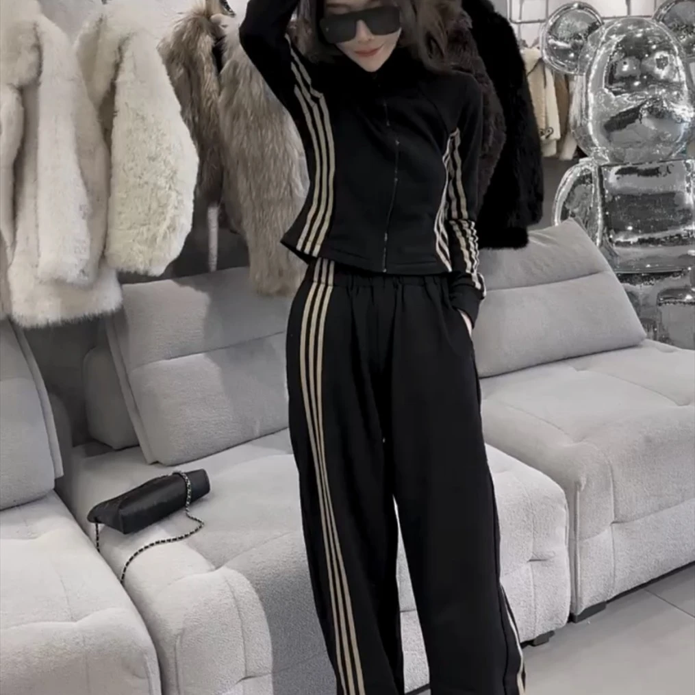 春秋新款气质时尚显瘦侧条纹小蛮腰开衫上衣搭配显瘦长裤女套装