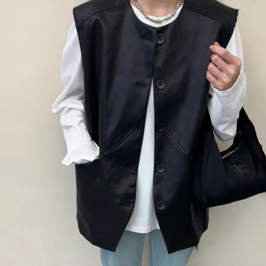 欧韩货女装阔版设计感外搭叠穿中长款马夹春季2025新款皮衣马甲女