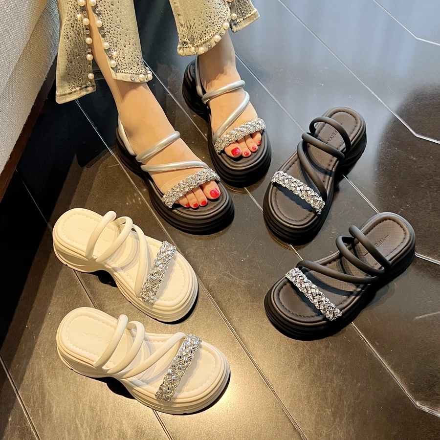 一鞋两穿罗马凉拖鞋水钻2025夏季新款女鞋厚底凉鞋女松糕百搭高跟