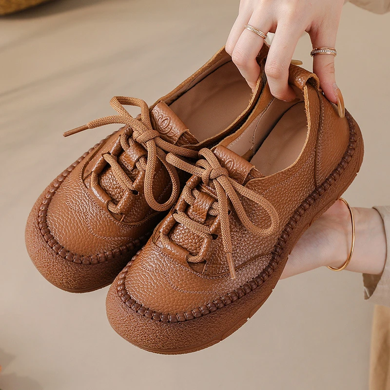 秋季新款系带休闲女鞋头层牛皮原创手工复古单鞋女平底舒适妈妈鞋